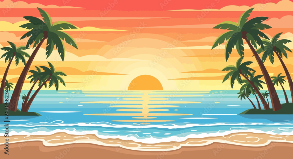 Fototapeta premium Tropical Beach Sunset with Palm Trees and Ocean Waves.