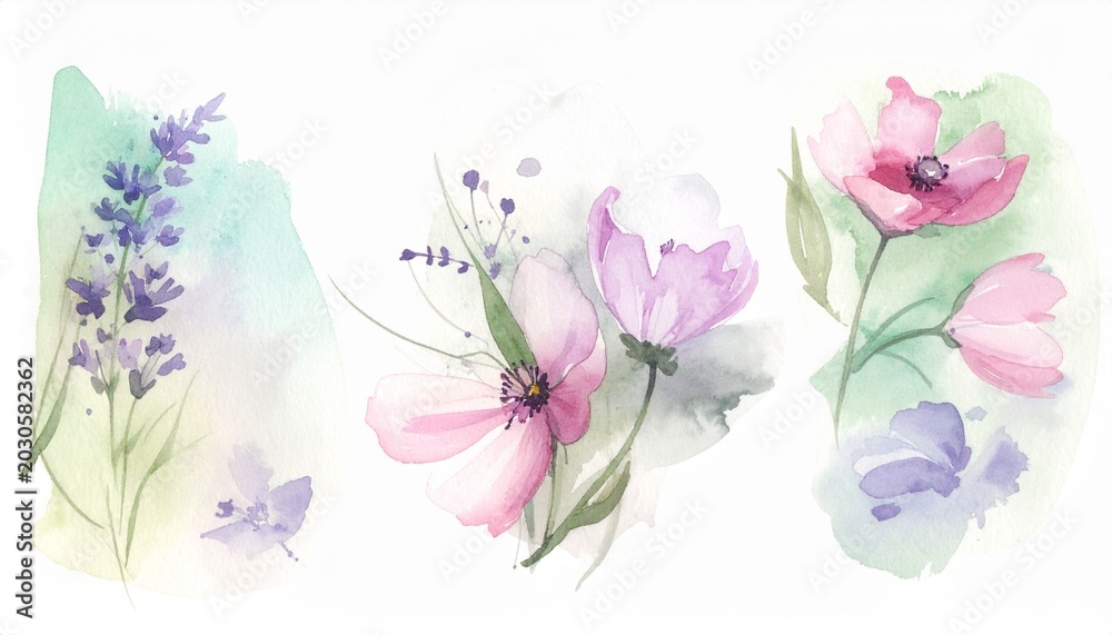 Obraz premium watercolor flowers set featuring hand-painted abstract botanical illustrations. This bundle showcases a variety of delicate floral designs, each rendered with artistic flair, isolated against a clean