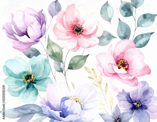 watercolor flowers set featuring hand-painted abstract botanical illustrations. This bundle showcases a variety of delicate floral designs, each rendered with artistic flair, isolated against a clean