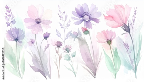 watercolor flowers set featuring hand-painted abstract botanical illustrations. This bundle showcases a variety of delicate floral designs, each rendered with artistic flair, isolated against a clean