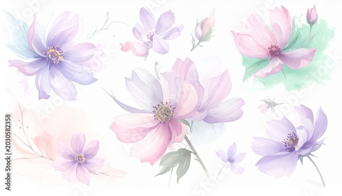watercolor flowers set featuring hand-painted abstract botanical illustrations. This bundle showcases a variety of delicate floral designs, each rendered with artistic flair, isolated against a clean