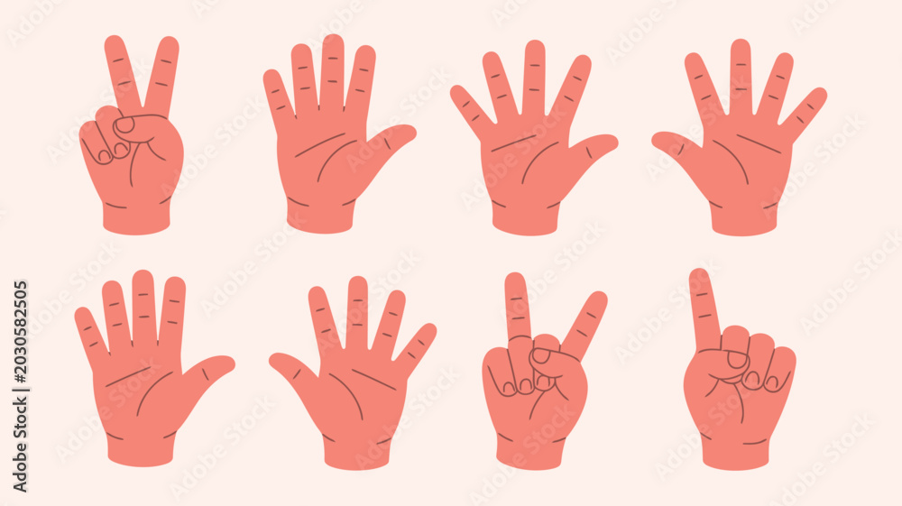 Obraz premium Eight Hands Making Different Gestures On Light Background For Communication Concepts