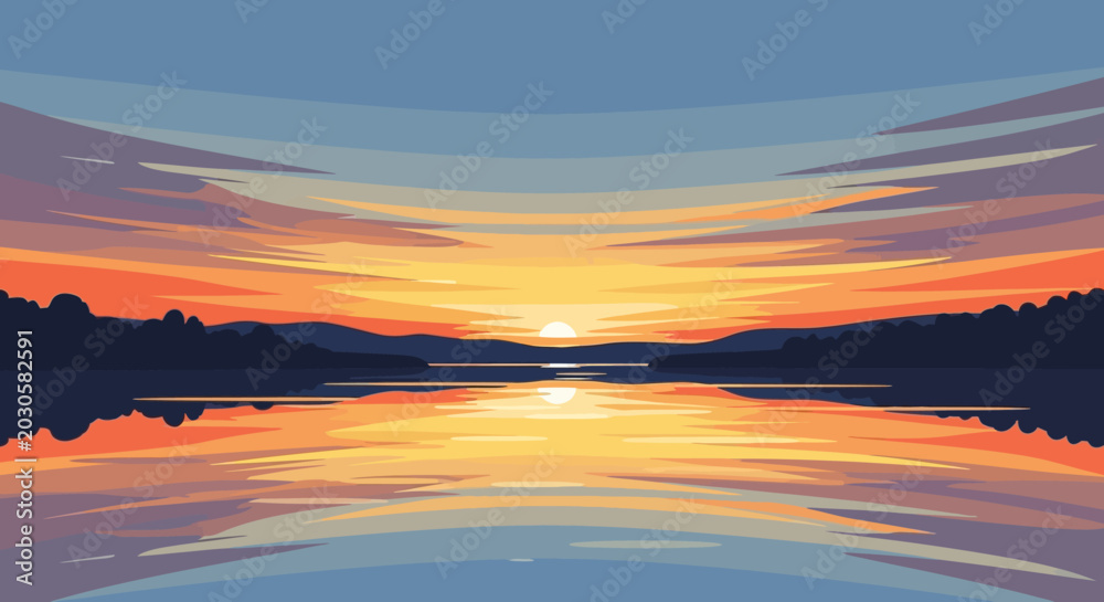 Fototapeta premium Vibrant Sunset Reflection Over Calm Lake Water.