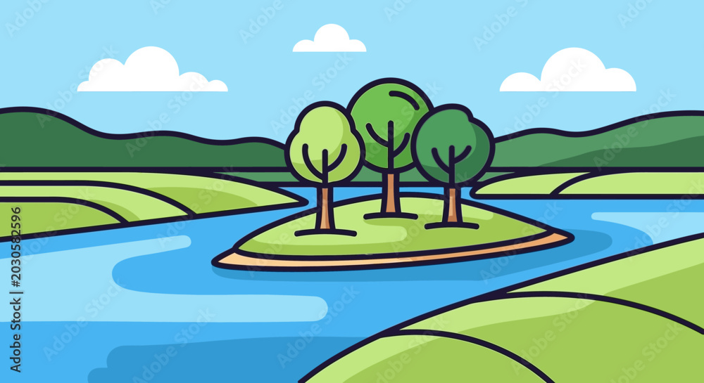 Obraz premium Small Island with Three Trees in a Serene River Landscape.