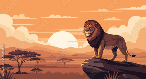Tableau sur toile Majestic male lion stands proudly on a rocky outcrop surveying its domain