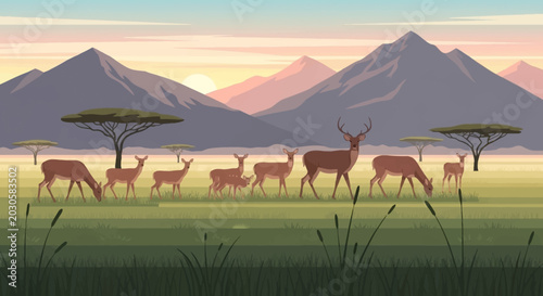 Konstfotografi A graceful herd of antelopes grazing peacefully in the African savanna