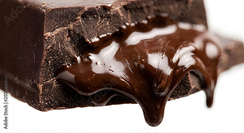 Melty chocolate drips from a broken bar. Smooth texture contrasts with rough chocolate edges. Rich brown color gleams under soft lighting. Ideal for dessert, luxury, or indul