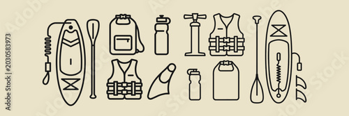 Foto Stand Up Paddleboarding and Water Sport Equipment Line Icons