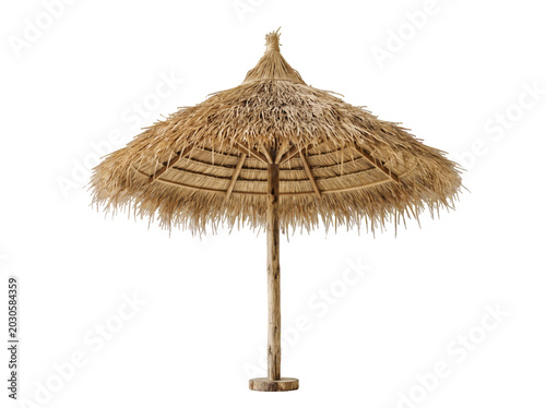 Konstfotografi Traditional tiki palapa parasol with a natural wooden pole on transparent Background for summer resort design