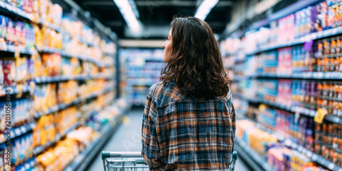 Young woman choosing bottled drinks in a supermarket aisle, representing grocery shopping, consumer choice, retail products and everyday food purchasing decisions