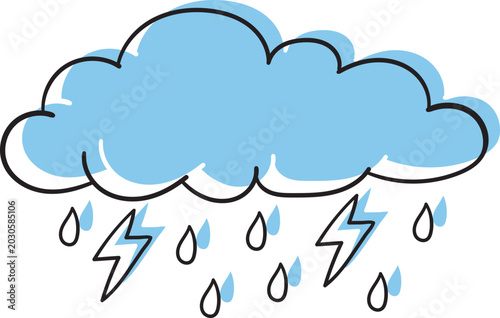 Cute Hand Drawn Rain Cloud with Lightning Bolts Vector Illustration
