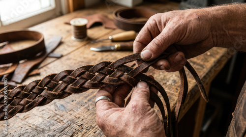 Hands weaving a leather belt crafting a braided design.