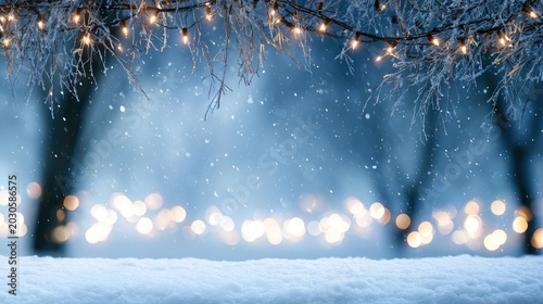 Snowy winter landscape with glowing lights and frosted branches