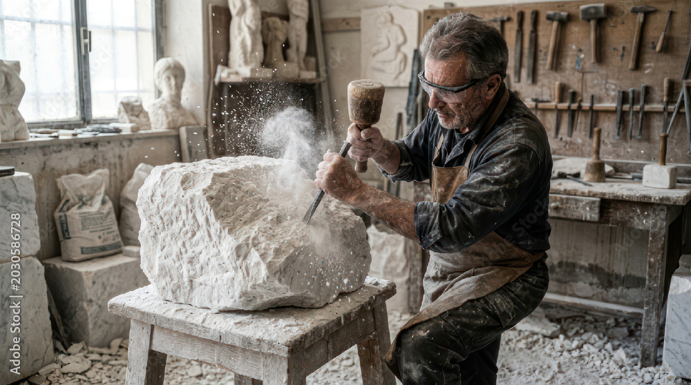 Fototapeta premium Sculptor chiseling a stone block in a workshop.