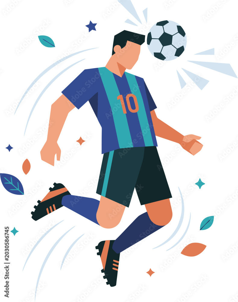 Fototapeta premium Dynamic illustration of a male soccer player in a blue and green jersey heading a football in mid-air with decorative elements.
