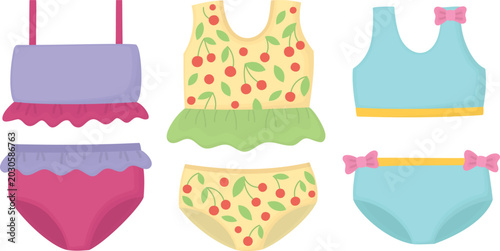 Bild auf Leinwand Illustration with three colorful two-piece swimsuits for children