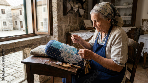 Senior Woman Engaged in Traditional Lace Making Craft.