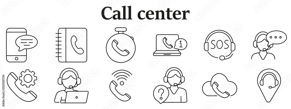 Fototapeta premium Call center support set icon. Phone message, contact book, call timer, laptop, sos headset, operator speech, phone gear, support agent, signal, cloud, location headset line style
