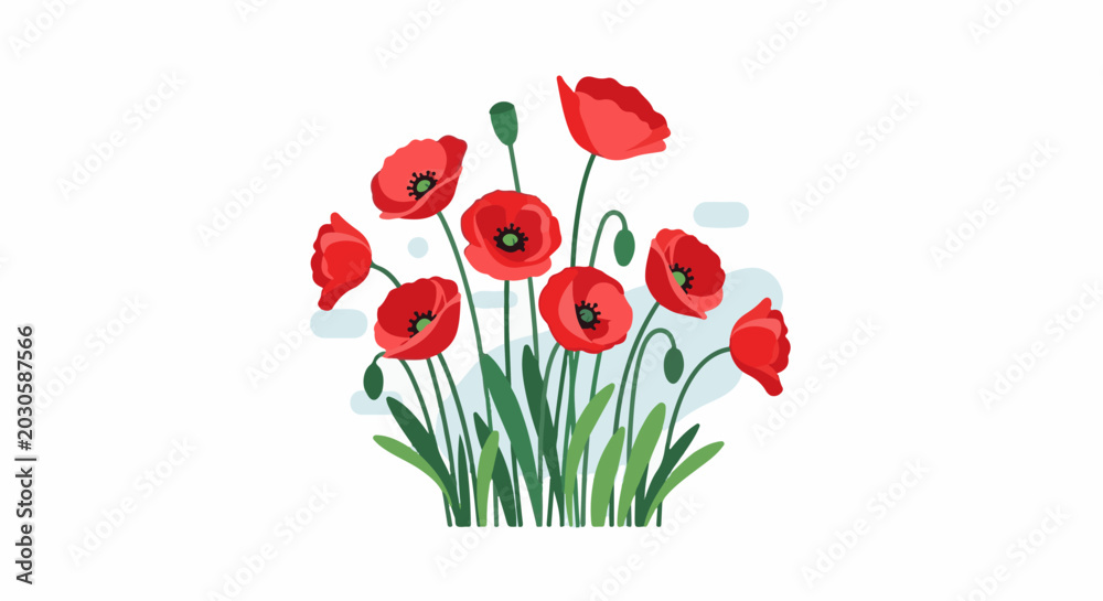 Naklejka premium A cluster of vibrant red poppies with green foliage and buds