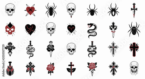A collage of gothic-themed icons featuring skulls, roses, snakes, and swords