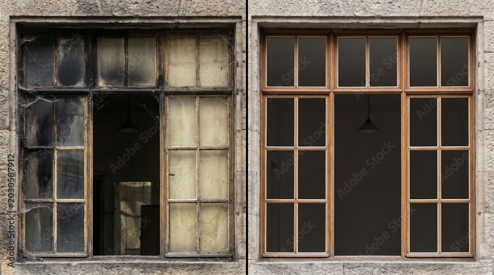 Obraz premium Before After Window Renovation Comparing Old New Frames