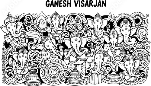 Quadro su tela Black and White Line Art of Ganesh Visarjan, Hindu God Ganesha Pattern Design