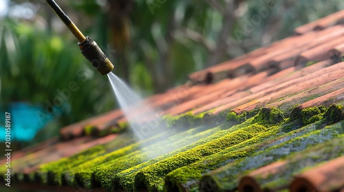 Cleaning moss from a roof with a pressure washer.