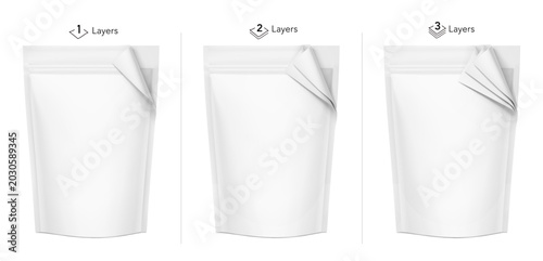 Realistic stand up pouch bag mockup for example of a multilayer packaging film structure for food, pet products and etc. Vector illustration isolated on white background. Ready for your design. EPS10.
