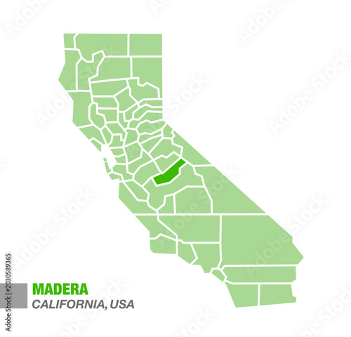 California State Map with Highlighted Madera County Green Color Vector Illustration