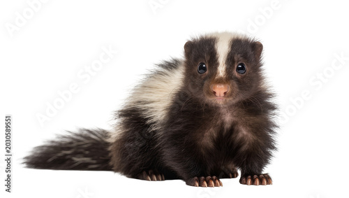 Tableau sur toile Fluffy baby skunk with black and white fur, isolated on transparent background
