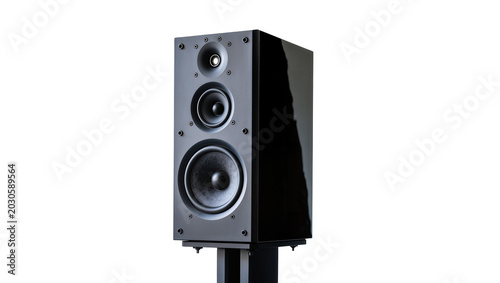 Quadro em tela Glossy black tower speaker with three drivers, isolated on transparent backgroun