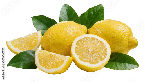 Foto Whole and sliced yellow lemons with green leaves, isolated on transparent backgr