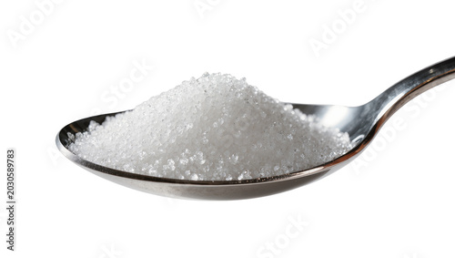 Tableau sur toile Metal spoon filled with granular white sugar, isolated on transparent background