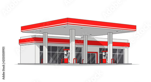 Bild auf Leinwand Modern Gas Station Building with Red Canopy and White Walls