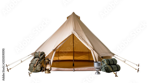 Foto Beige canvas bell tent with camping gear, isolated on transparent background
