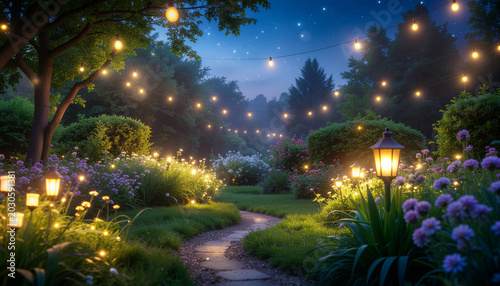 Garden path illuminated by lanterns and lights