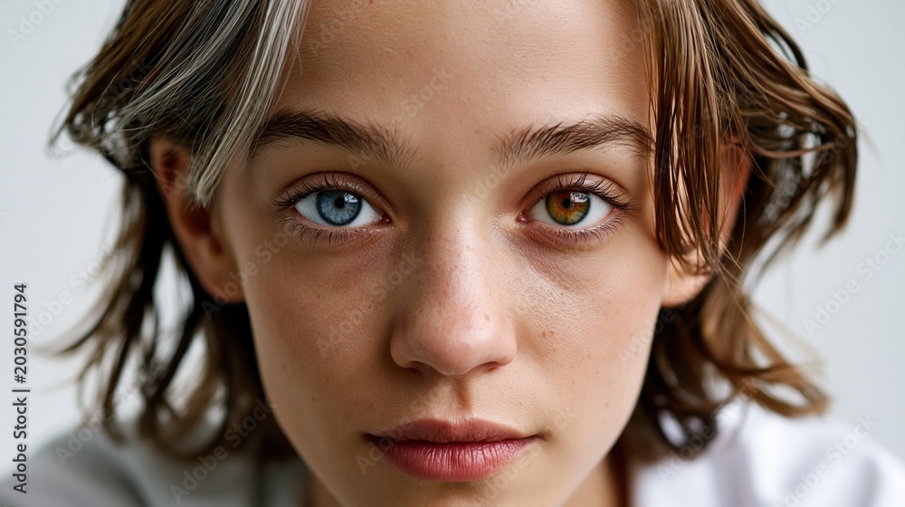 Fototapeta premium A person with Waardenburg syndrome, clearly showing bilateral heterochromia iridis, congenital white forelock, broad nasal root, neutral expression, clean white background