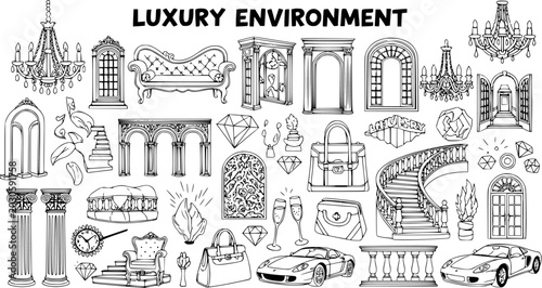 Fotografía Luxury Environment Vector - Black and White Line Art Icons for Opulence and Weal