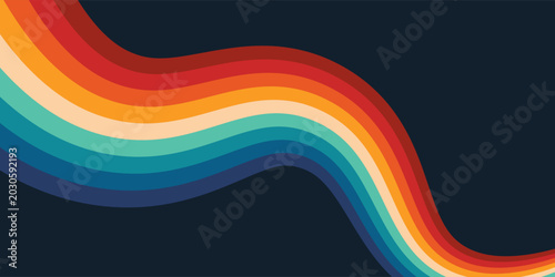 Abstract colorful 70s background vector. Vintage retro style wallpaper with lines, rainbow wavy stripes. 1970 color illustration design suitable for poster, banner, decorative, wall art.