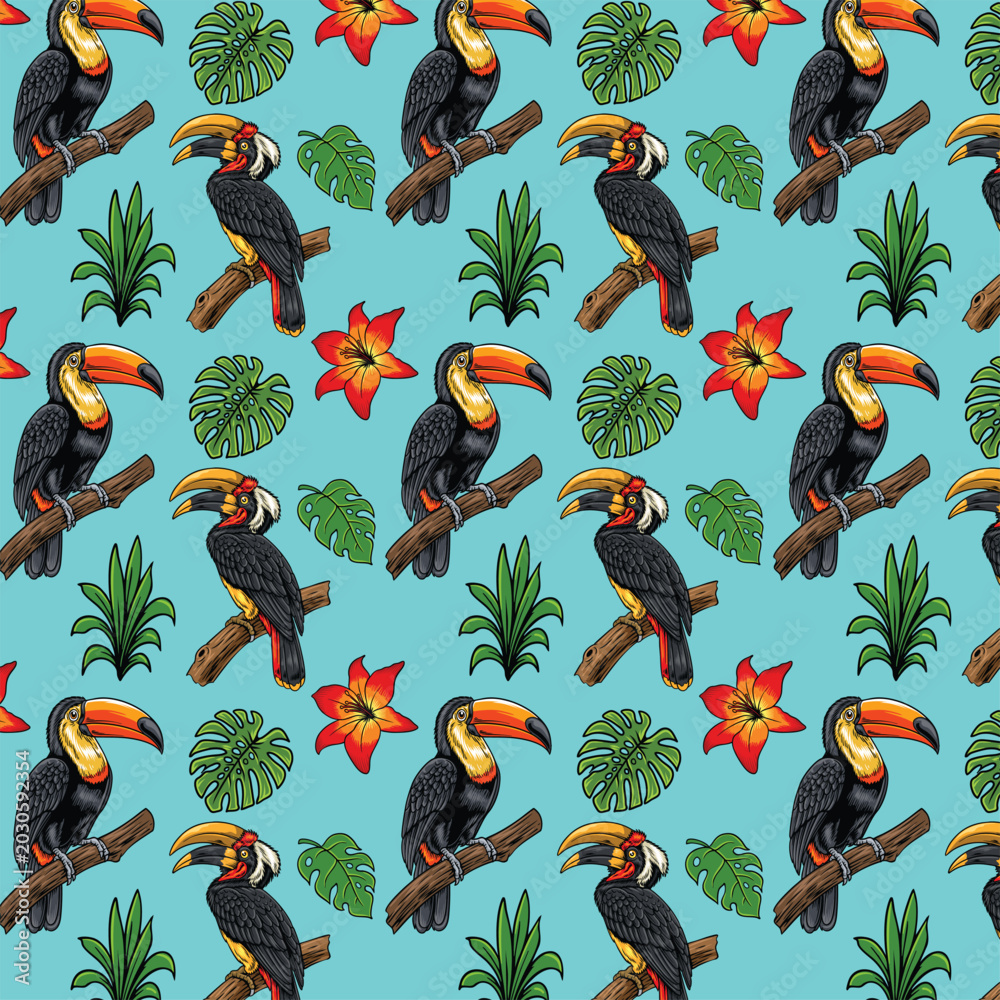 Naklejka premium Detailed retro hand-drawn seamless pattern with exotic toucan and hornbill birds amidst tropical monstera leaves and hibiscus flowers on a cyan background