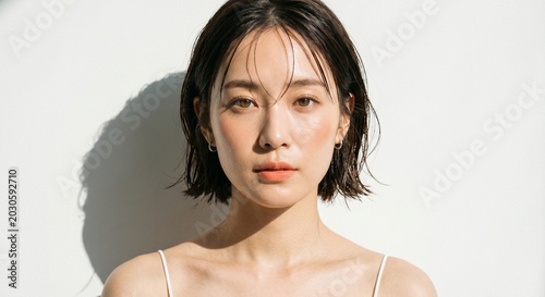 Close up beauty portrait of young Asian woman with glowing hydrated skin and wet hair standing in harsh natural sunlight against white wall