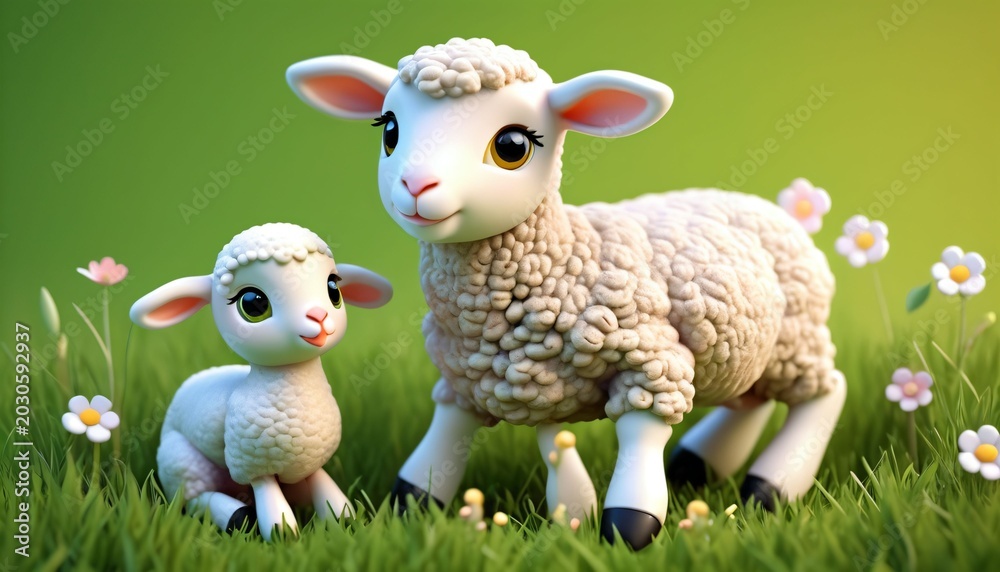 Fototapeta premium Lamb and Baby Sheep in Flower Meadow
