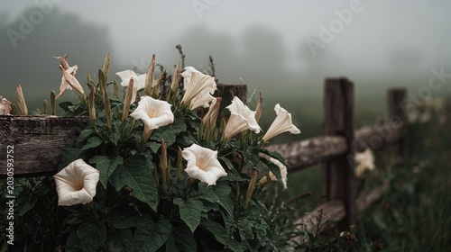 datura. A cluster of datura plants growing wild near a weathered fence in a misty field at dawn. gardening catalogs, home-decor guides, designed for gardening and botanical catalogs.