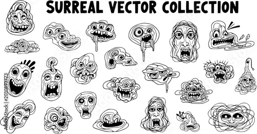 Tableau sur toile Surreal Monstrous Faces Black and White Line Art Vector Collection