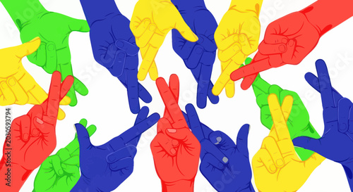 Fotografía Colorful Hands Crossed Fingers Wishing Good Luck and Hope
