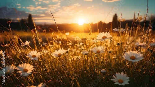 A sun-kissed meadow filled with daisies, tall grass, and a blurred treeline under a glowing sunset