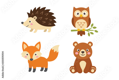 Cute woodland forest animals vector element set, fox bear owl hedgehog illustration pack