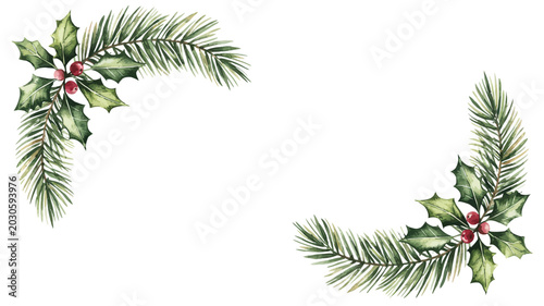 Watercolor christmas corner frame with pine branches and holly berries isolated on white background