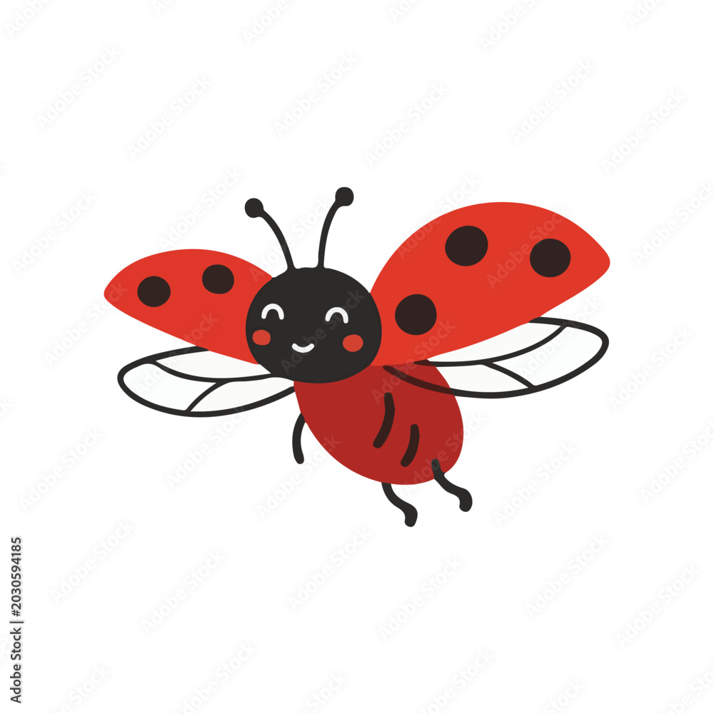 Fototapeta premium Cute flying ladybug vector illustration, funny ladybird with wings open cartoon