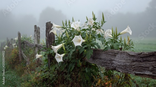 datura. A cluster of datura plants growing wild near a weathered fence in a misty field at dawn. gardening catalogs, home-decor guides, designed for gardening and botanical catalogs.